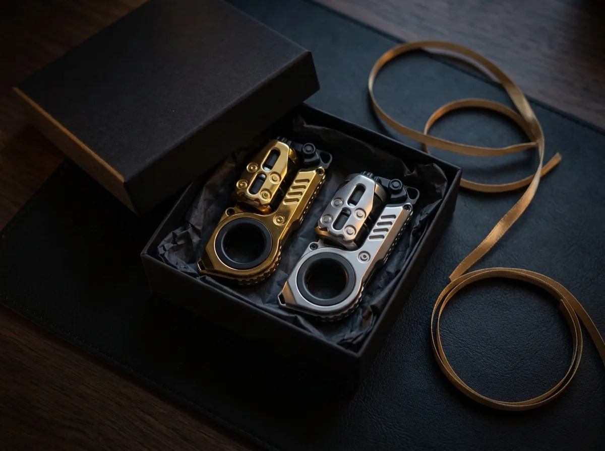 Gouden en zilveren fidget slider samen in een zwarte cadeaudoos