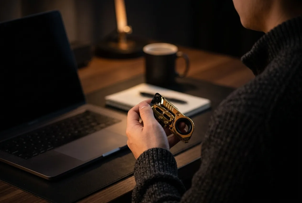 Thuiswerker met de gouden fidget slider in de hand tijdens een online vergadering