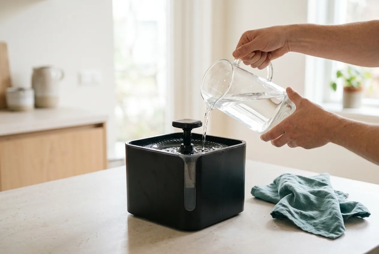 Reservoir van de drinkfontein wordt gevuld met vers water