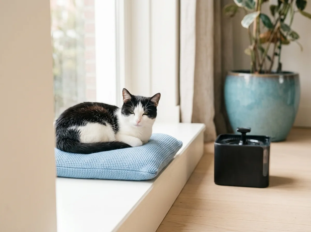 Tevreden kat rust op een kussen in de vensterbank