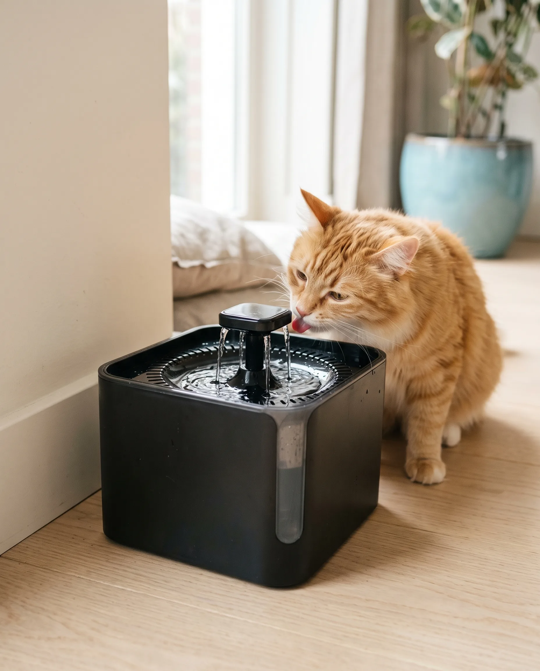 Rode kat drinkt stromend water uit de zwarte drinkfontein