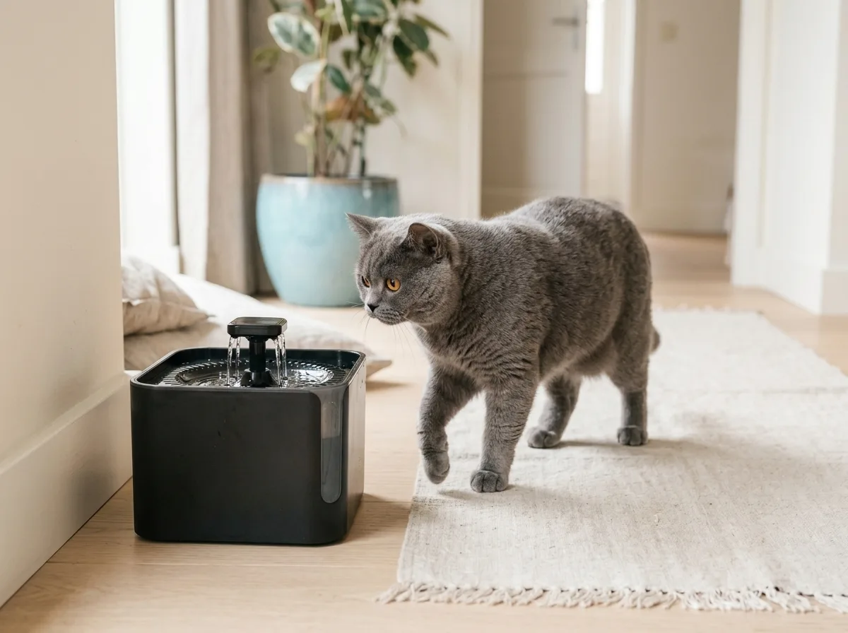 Grijze kat loopt nieuwsgierig naar de drinkfontein