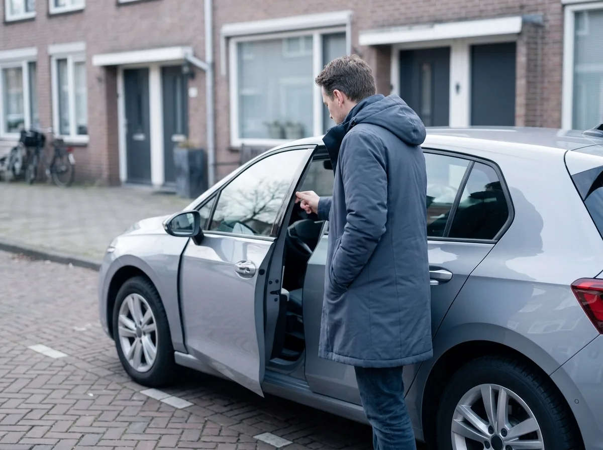 Forens stapt 's ochtends in de auto met de telefoon in de jaszak
