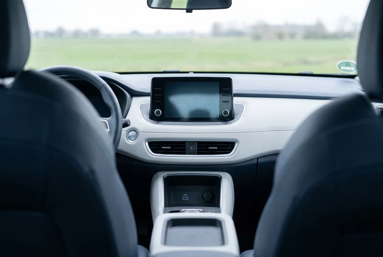 Dashboard van een auto met ingebouwd infotainmentscherm en USB-poort
