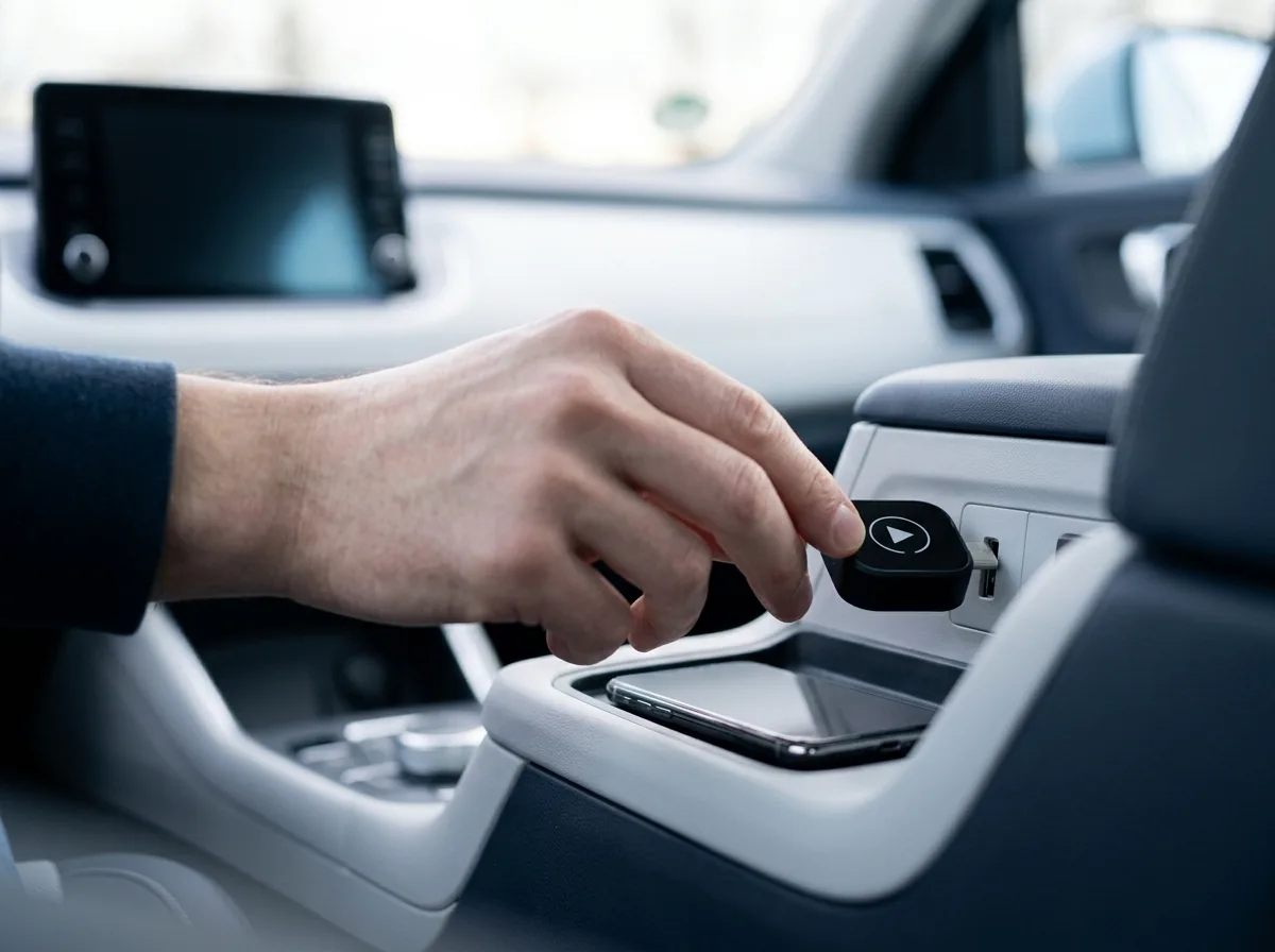 Hand steekt de adapter in de USB-poort van de auto