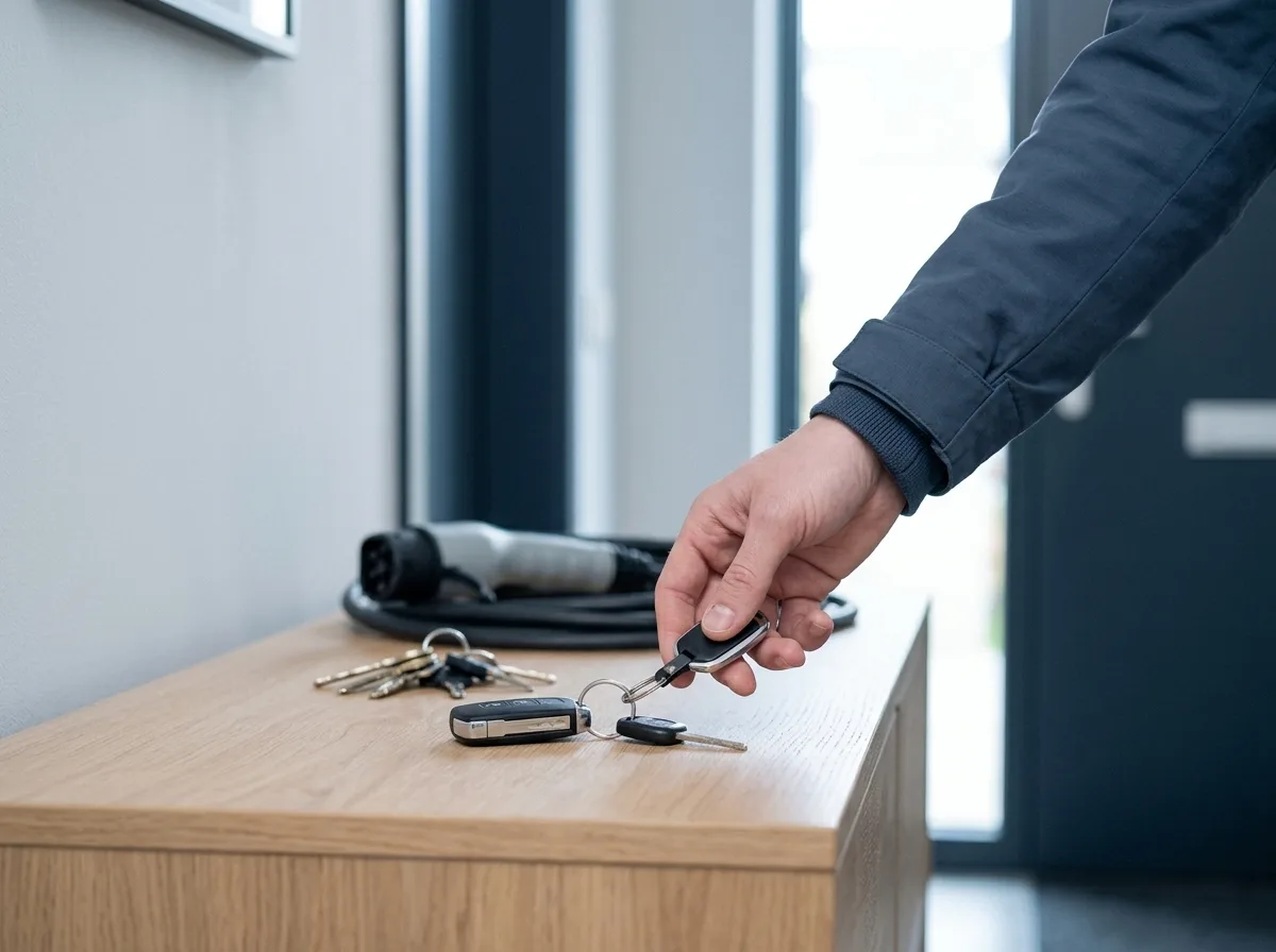 Hand pakt de autosleutels en laat de oplaadkabel liggen
