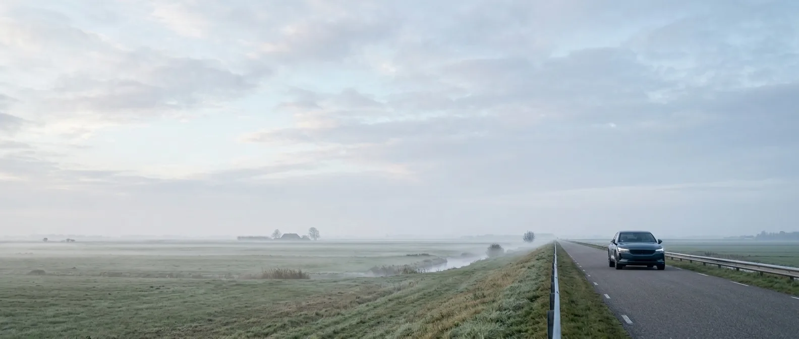 Auto rijdt in de ochtend over een dijkweg door de polder