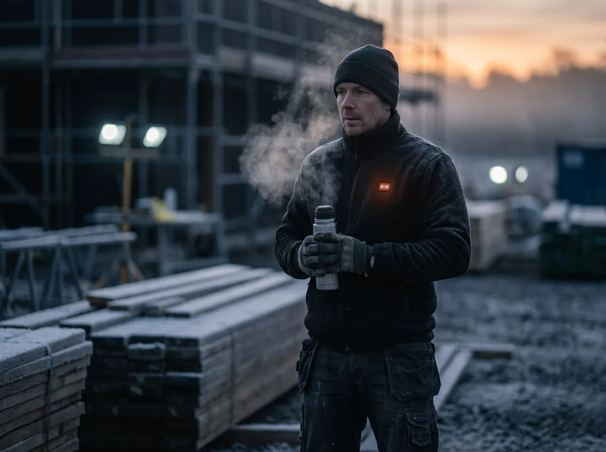 Buitenwerker in een verwarmde fleecejas op een koude ochtend