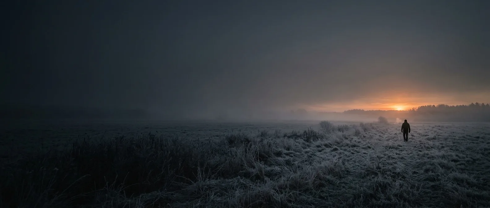 Bevroren veld bij zonsopkomst met een eenzame wandelaar in de verte