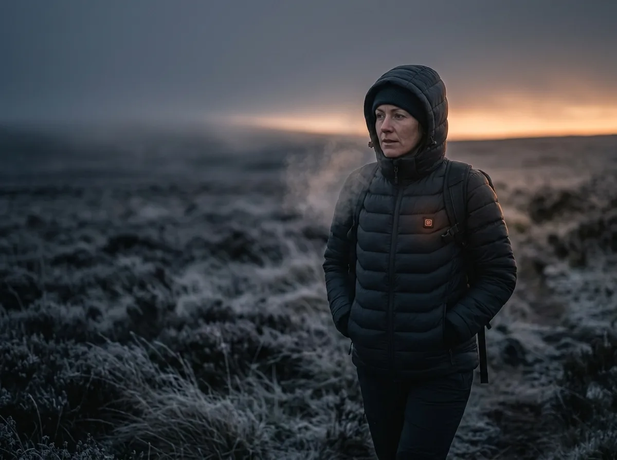 Wandelaar in een gewatteerde verwarmde parka met capuchon in de mist