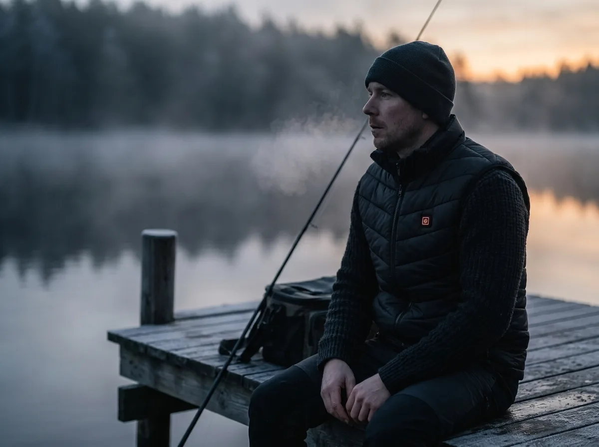 Visser op een steiger met een verwarmde bodywarmer bij zonsopkomst