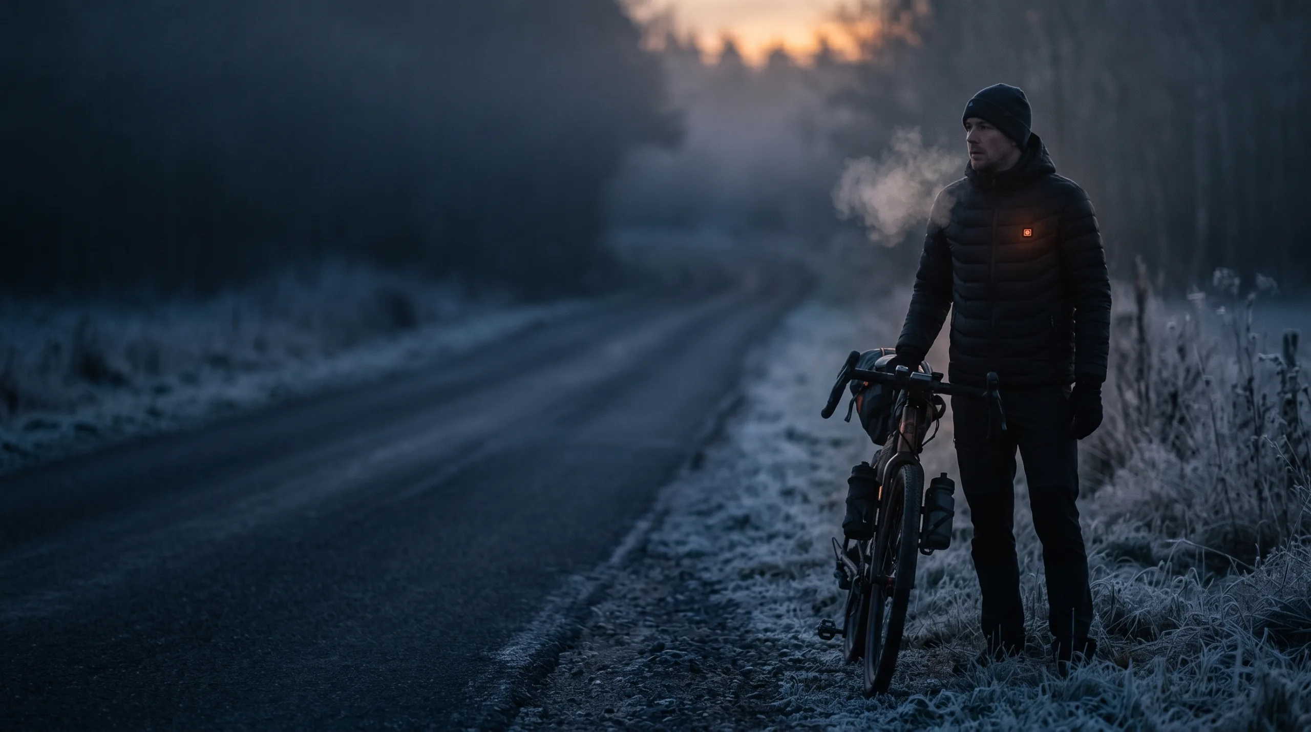 Fietser in een verwarmde jas op een koude weg tijdens het blauwe uur