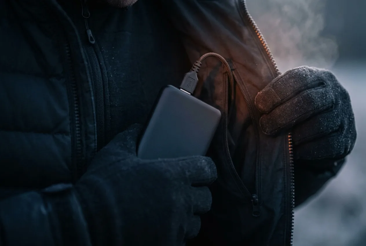 Powerbank met USB-kabel die in de binnenzak van een jas wordt gestoken