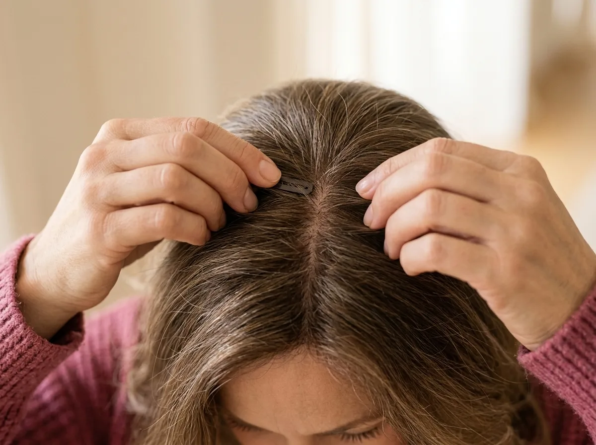 Vingertoppen schuiven een onzichtbare clip onder de haartopper in fijn haar