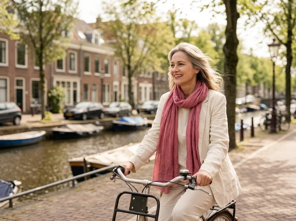 Oudere vrouw fietst ontspannen langs een gracht met wapperend haar