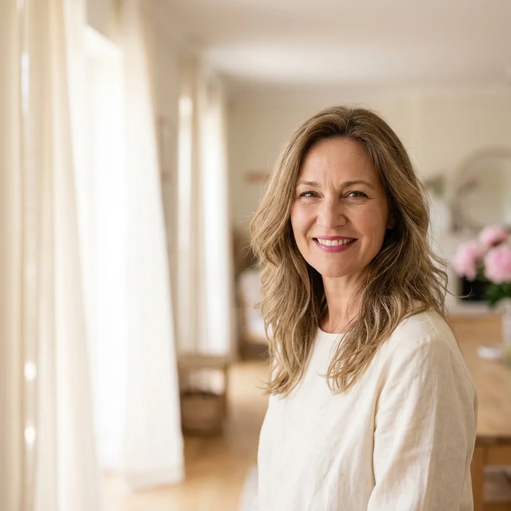 Portret van een glimlachende blonde vrouw van middelbare leeftijd