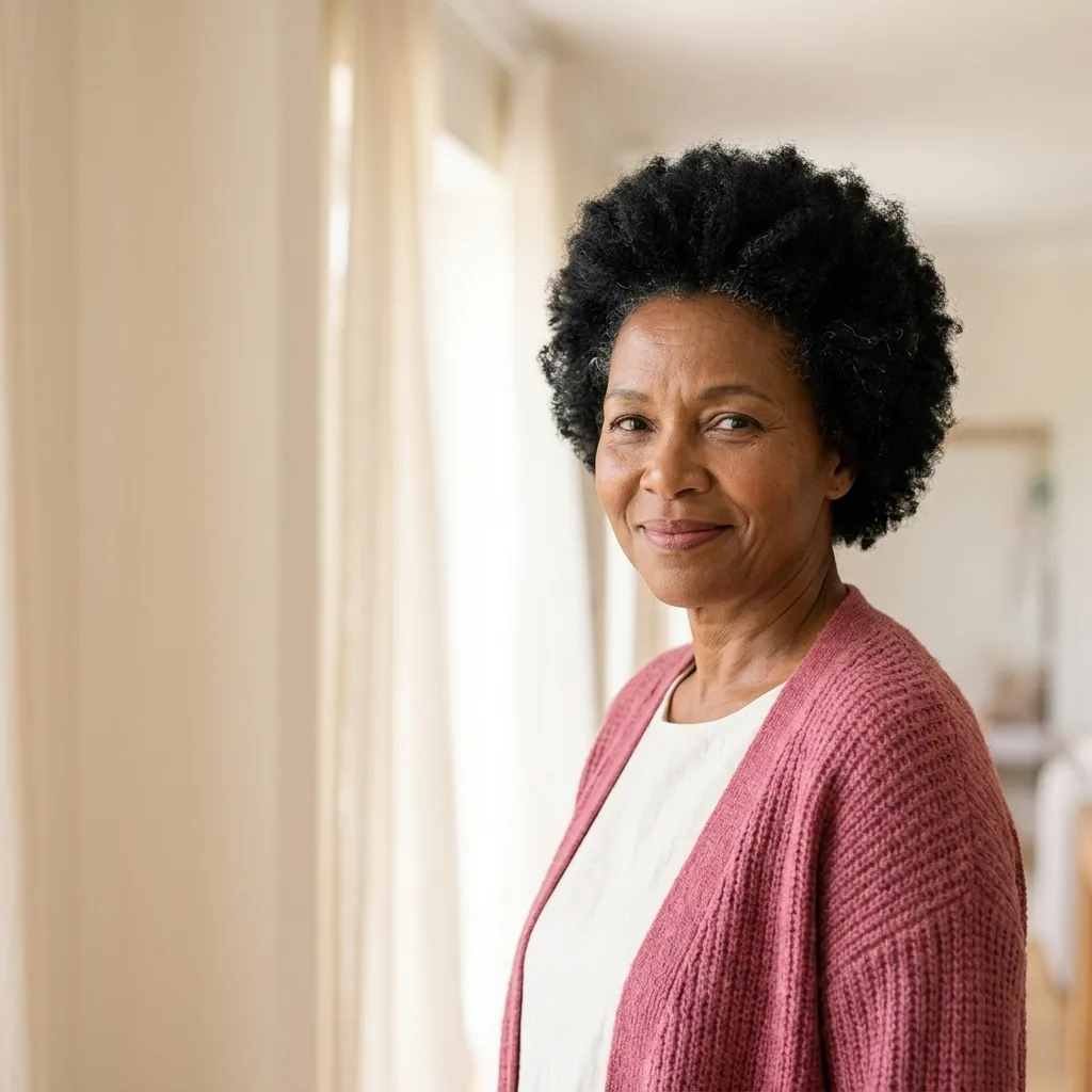 Portret van een vriendelijk lachende vrouw met kort zwart haar
