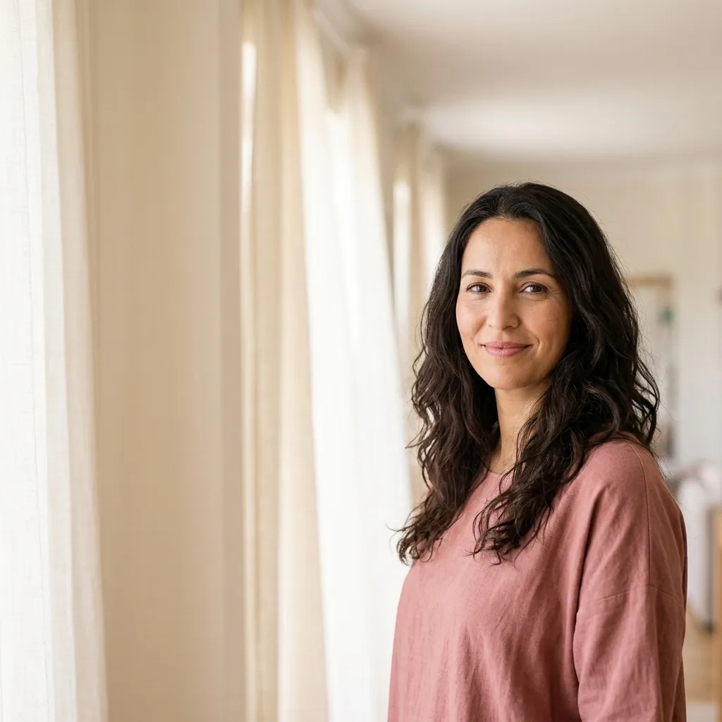 Portret van een zelfverzekerde vrouw met lang donkerbruin haar