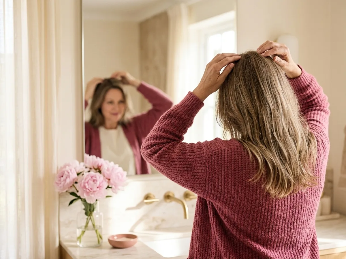 Vrouw bevestigt rustig haar haartopper voor de spiegel