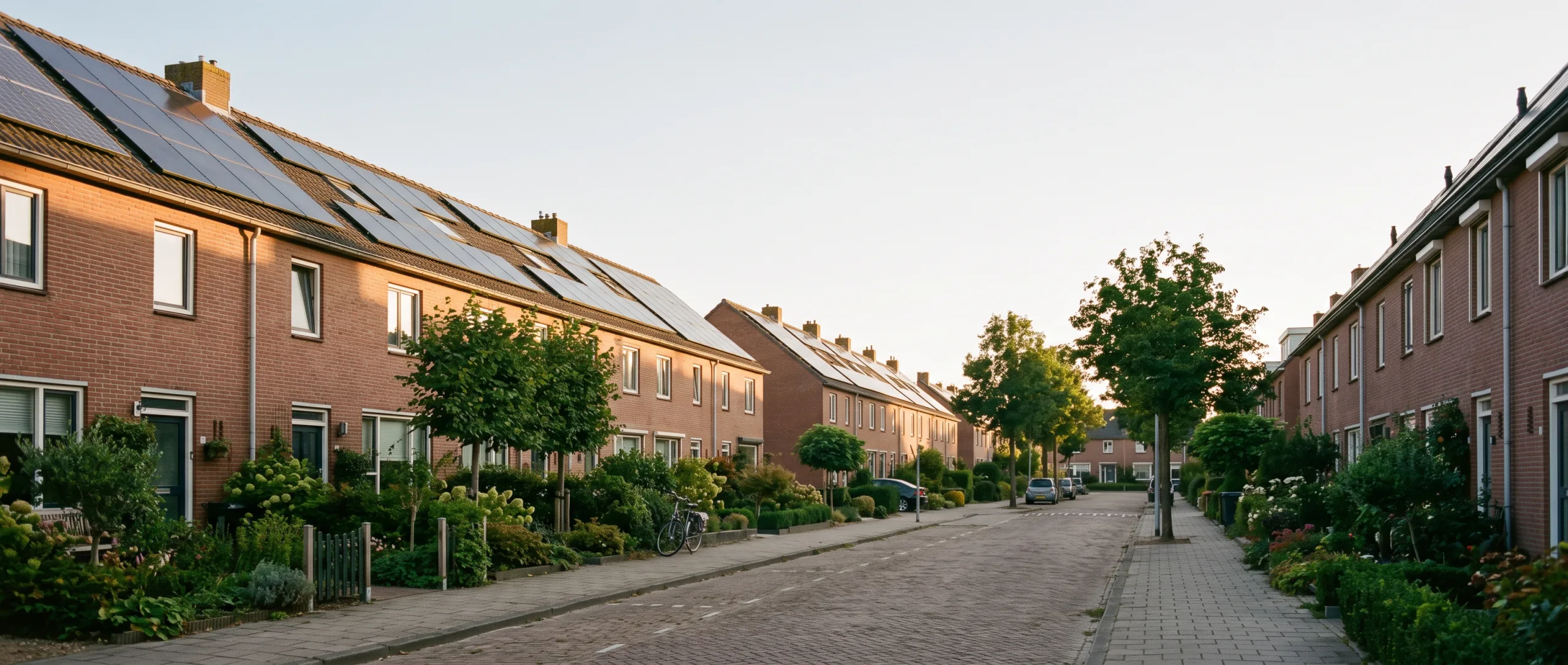 Rij Nederlandse rijtjeshuizen met zonnepanelen op het dak in de middagzon