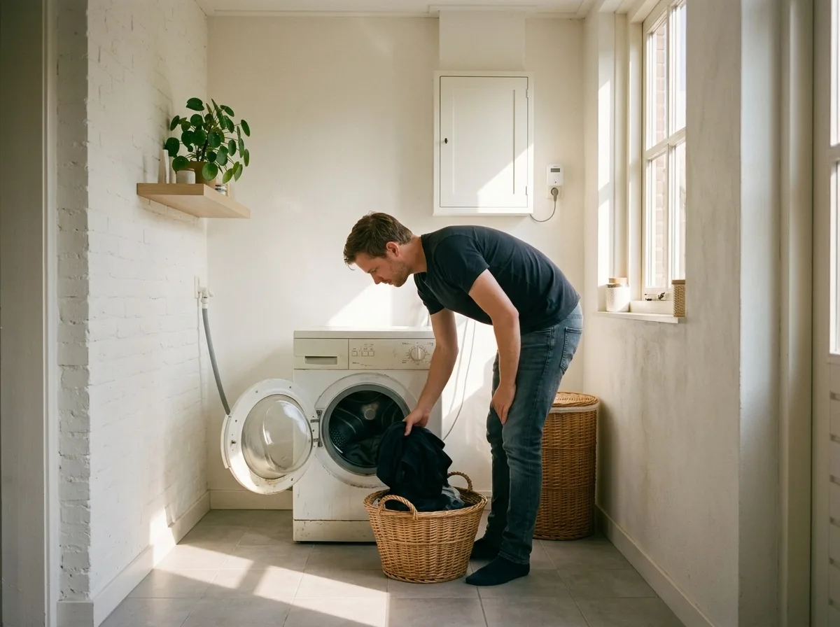 Wasmachine aanzetten op een zonnig moment van de dag