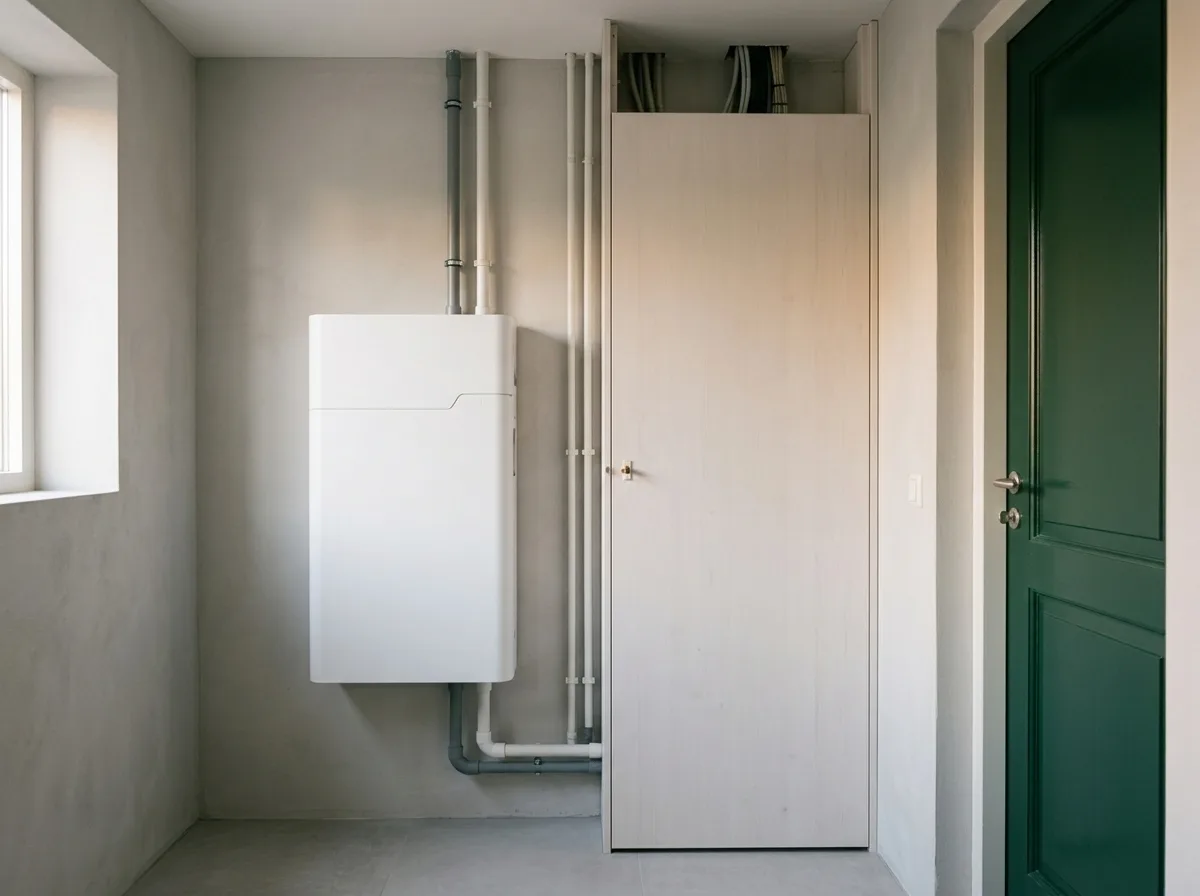 Thuisbatterij aan de muur in een opgeruimde bijkeuken