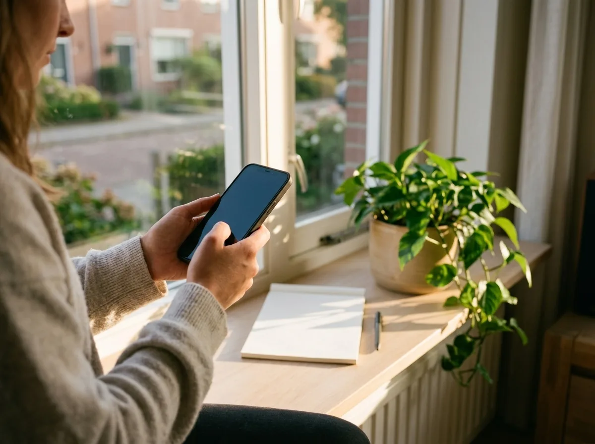 Iemand vergelijkt energiecontracten op de telefoon bij het raam