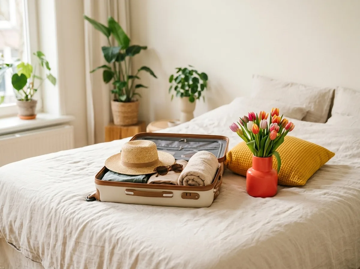 Koffer met vakantiespullen naast woonaccessoires