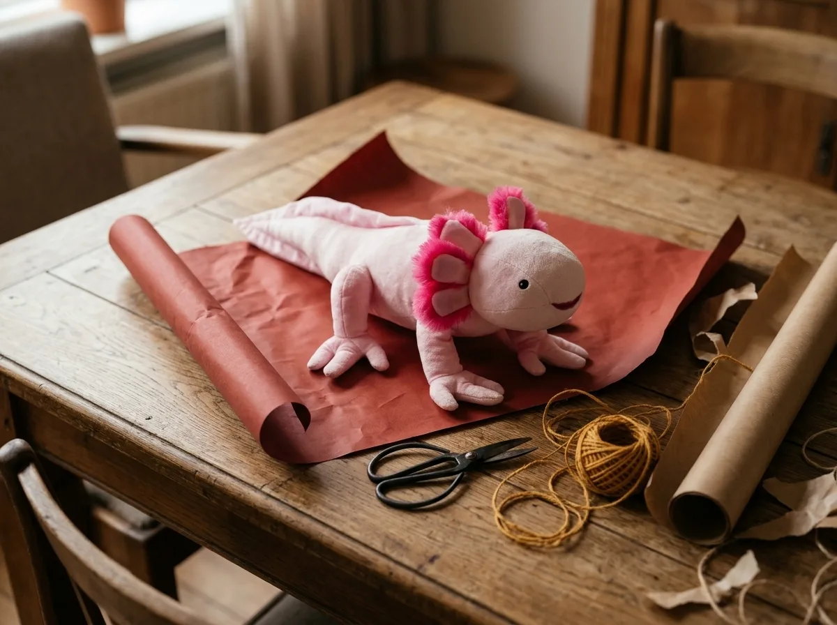 Axolotl-knuffel op rood cadeaupapier tijdens het inpakken