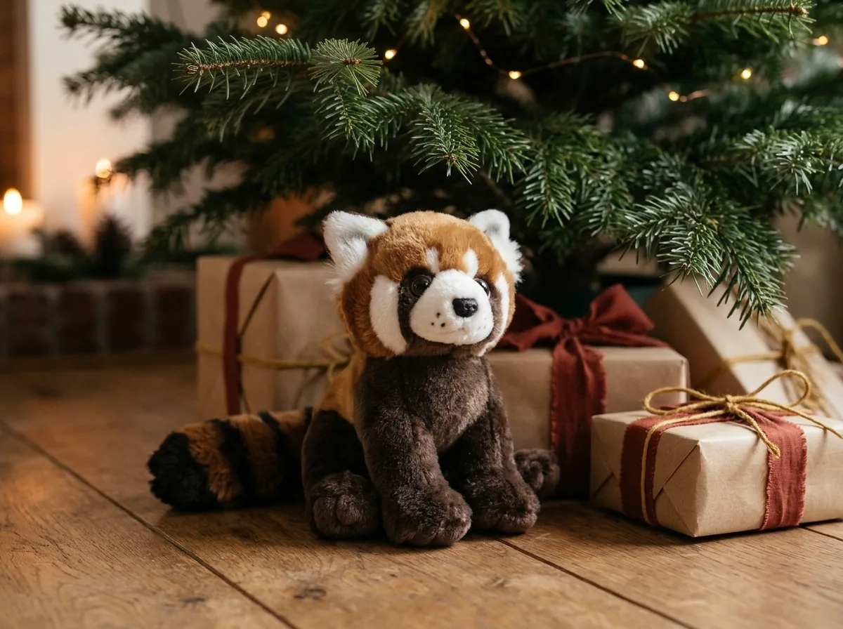 Rode panda-knuffel onder de kerstboom tussen cadeaus
