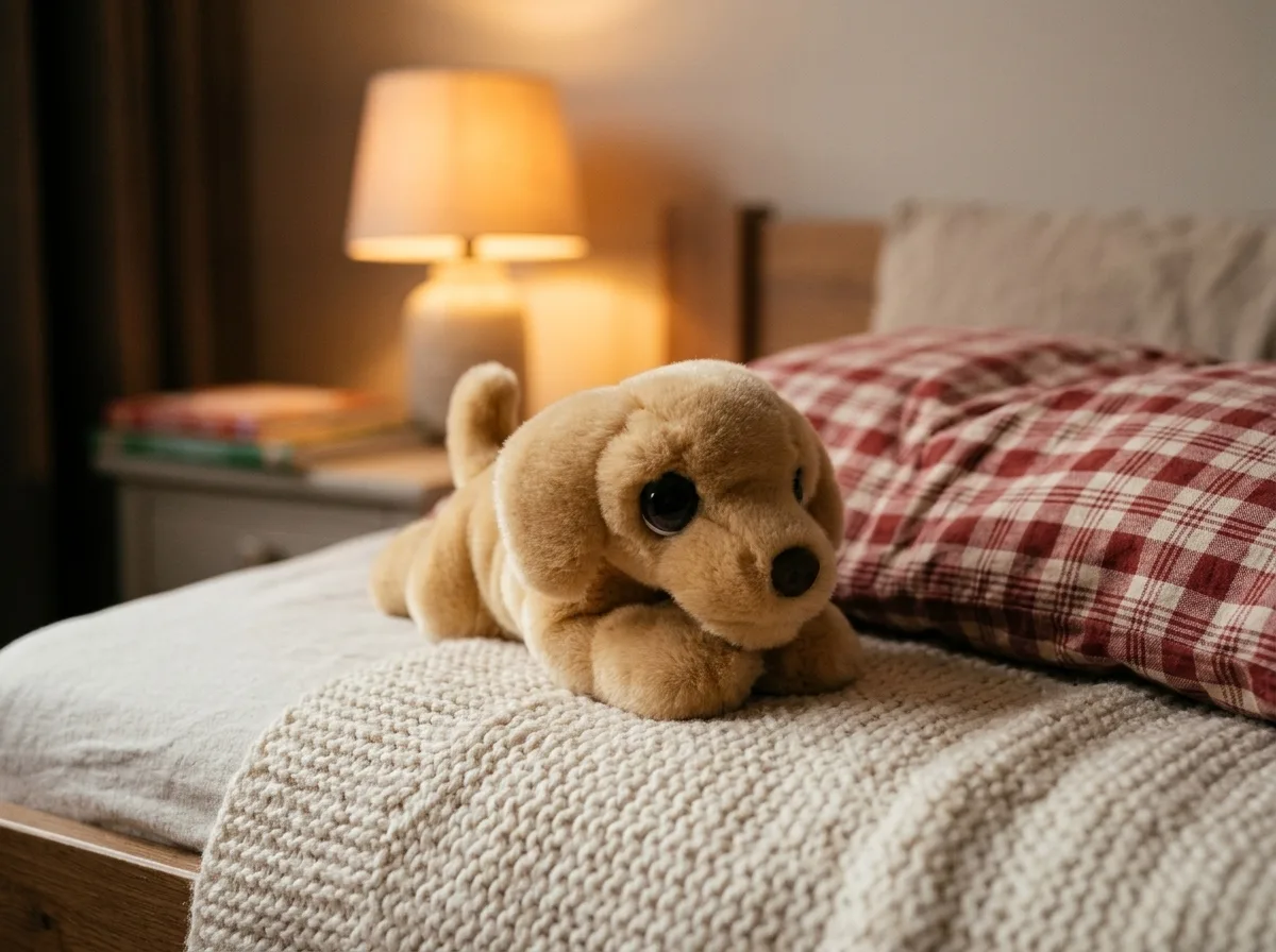 Bruine labrador-knuffel op een kinderbed met gebreide deken