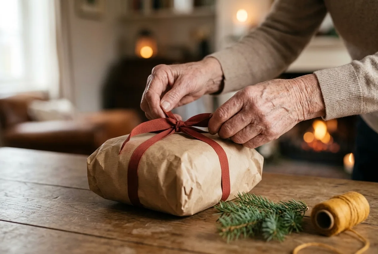Handen strikken een lint om een ingepakt zacht cadeau