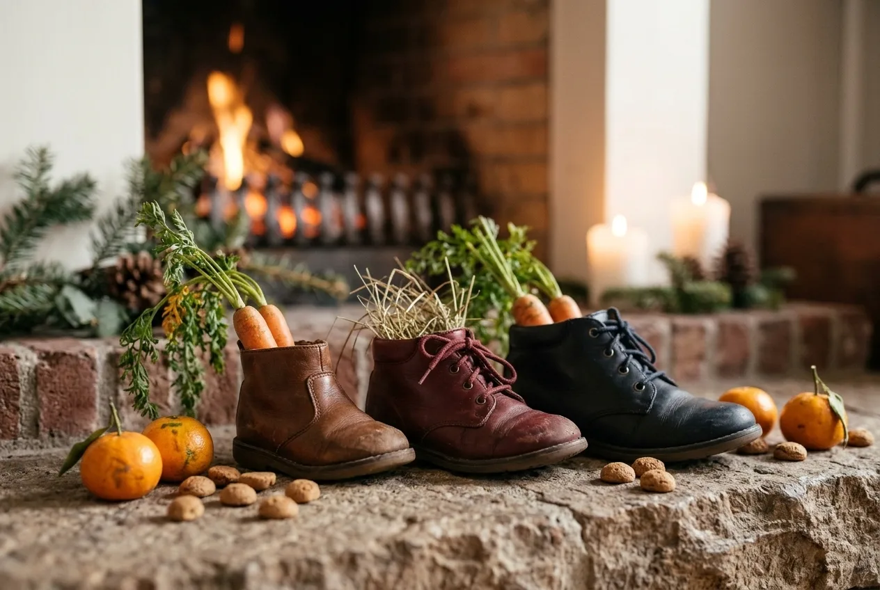 Kinderschoenen met wortels bij de haard voor Sinterklaas