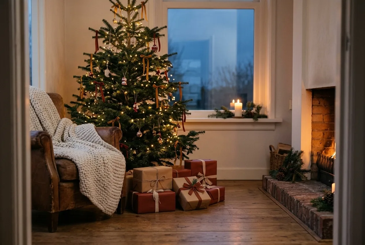 Gezellige woonkamer met kerstboom en ingepakte cadeaus