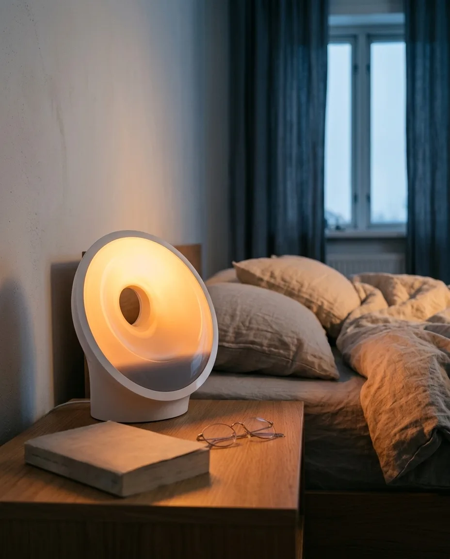 Philips Sleep & Wake-Up Light HF3654/01 met warm licht naast het bed