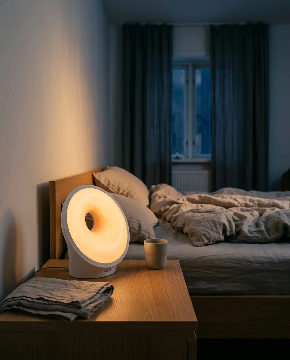 Philips Wake-Up Light HF3532/01 met oranje zonsopkomstlicht op een nachtkastje