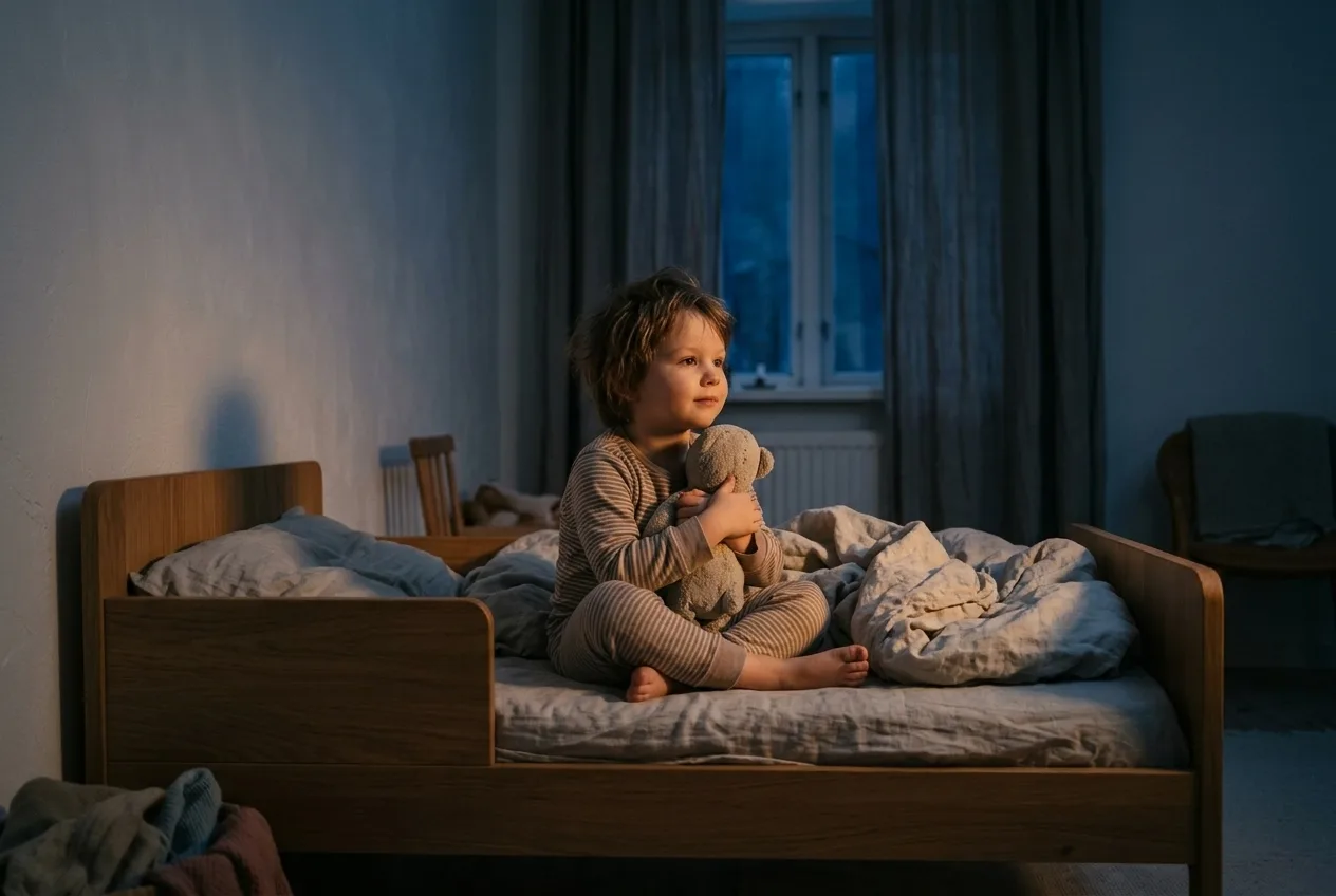 Een kind zit 's ochtends rustig in bed te wachten tot het mag opstaan
