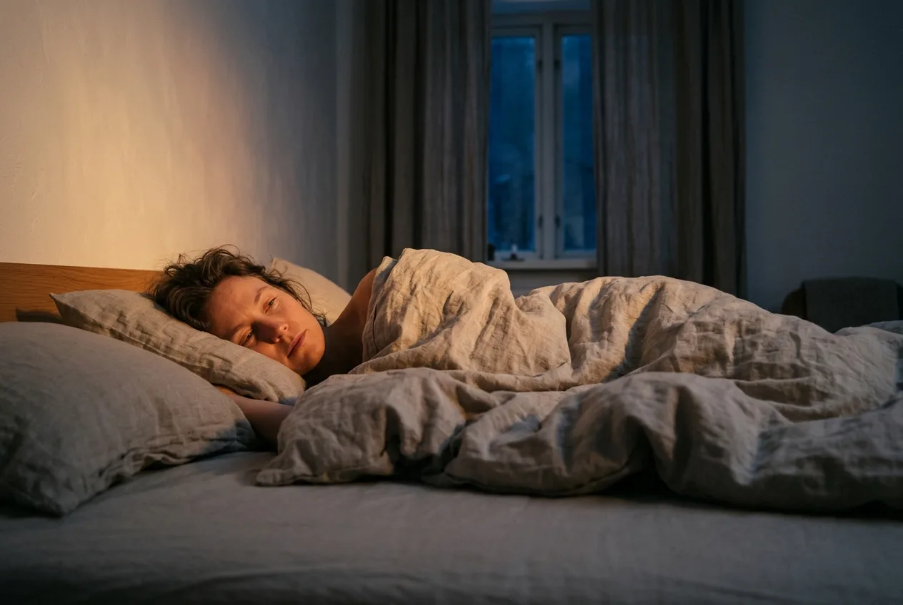Iemand wordt in een donkere slaapkamer rustig wakker terwijl warm oranje licht de muur verlicht