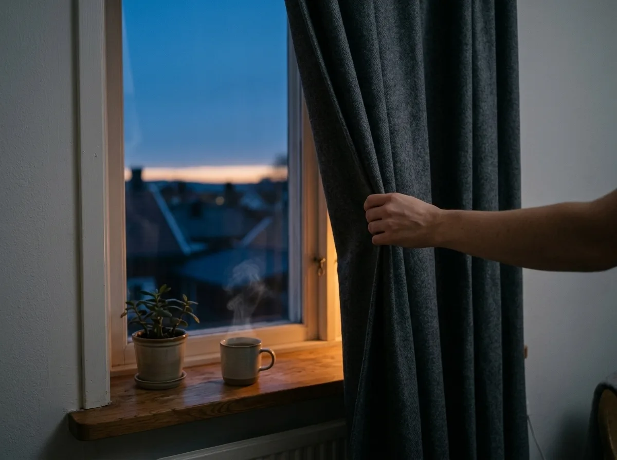 Een hand schuift het gordijn open op een donkere winterochtend