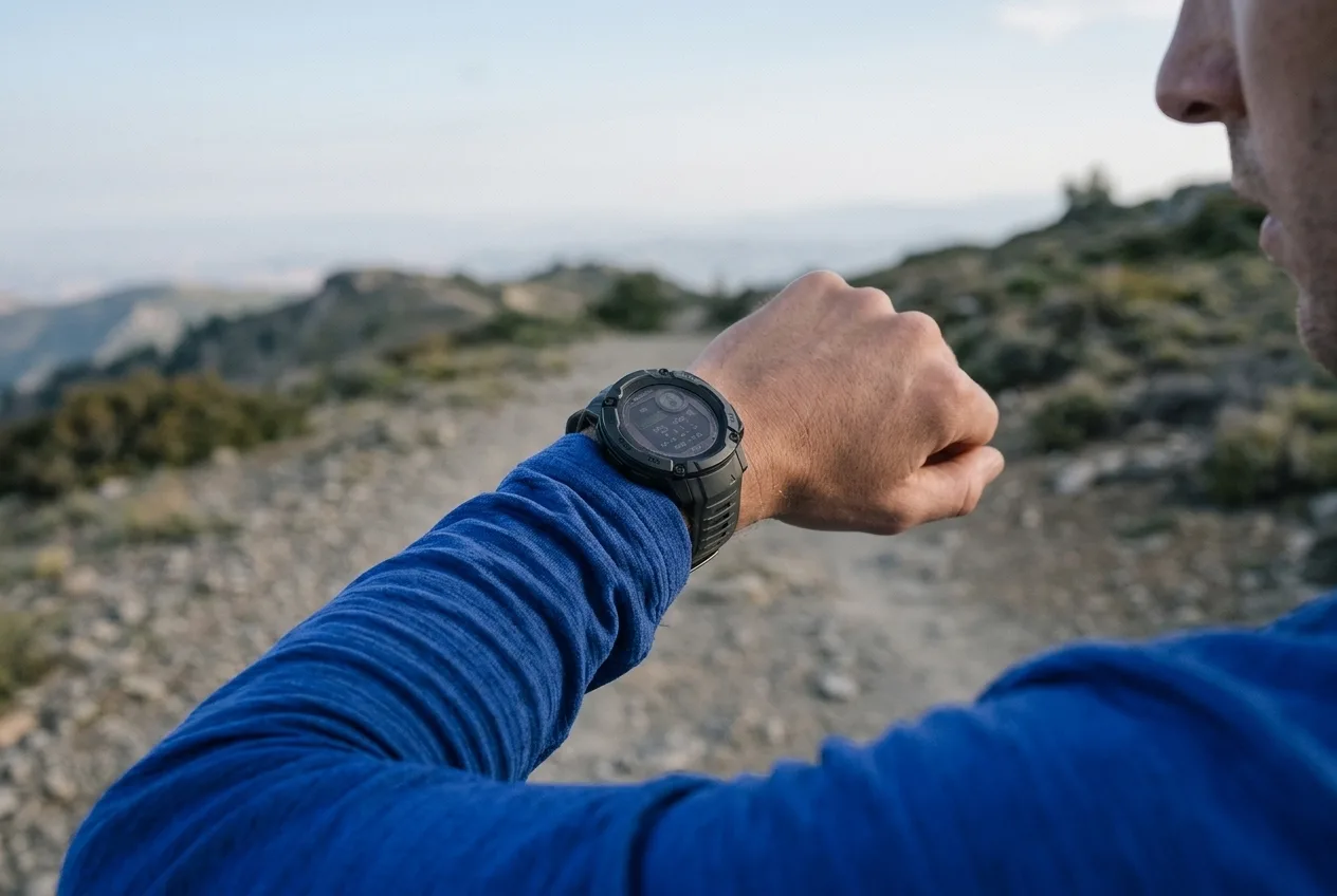 Trailloper met de Garmin Instinct 2X Solar in het zonlicht op een bergpad