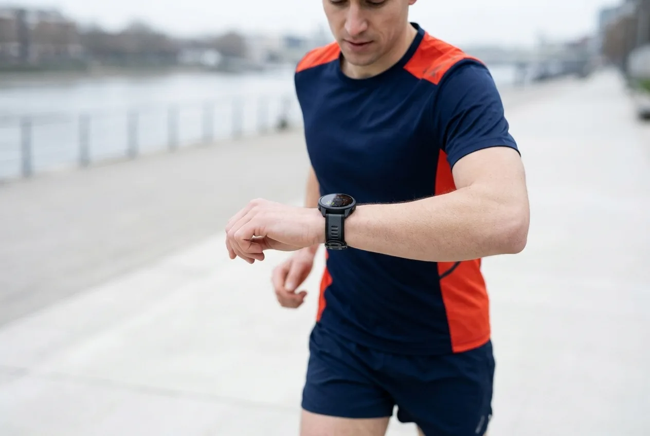 Hardloper kijkt tijdens het lopen op de Garmin Forerunner 265 langs een rivier