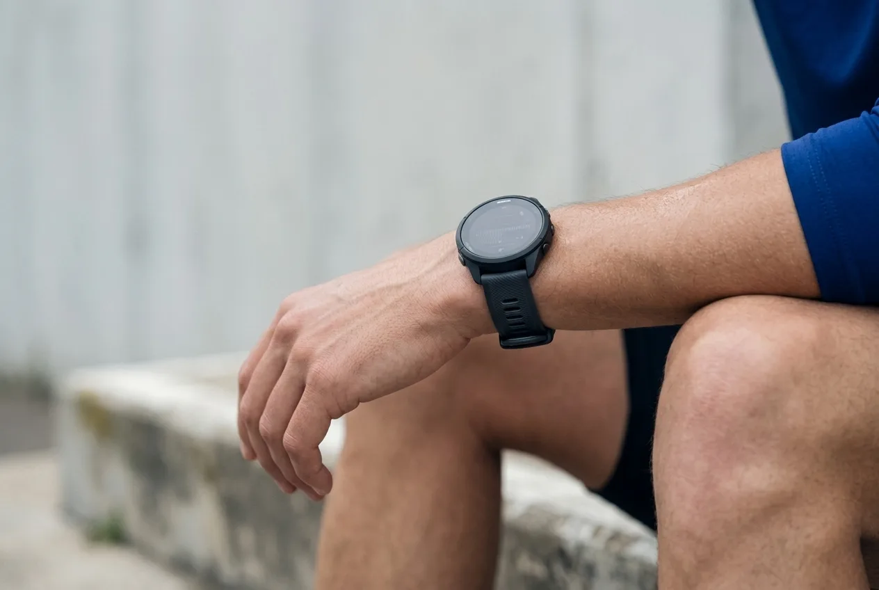 Hardloper rust na het lopen met de Garmin Forerunner 165 om de pols