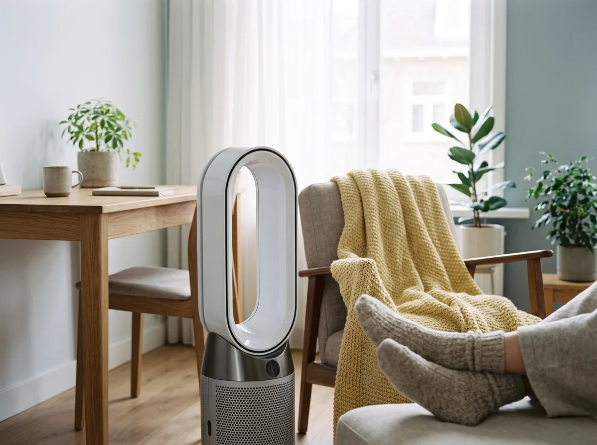 Dyson Purifier Hot+Cool HP1 naast een leunstoel in een thuiswerkplek
