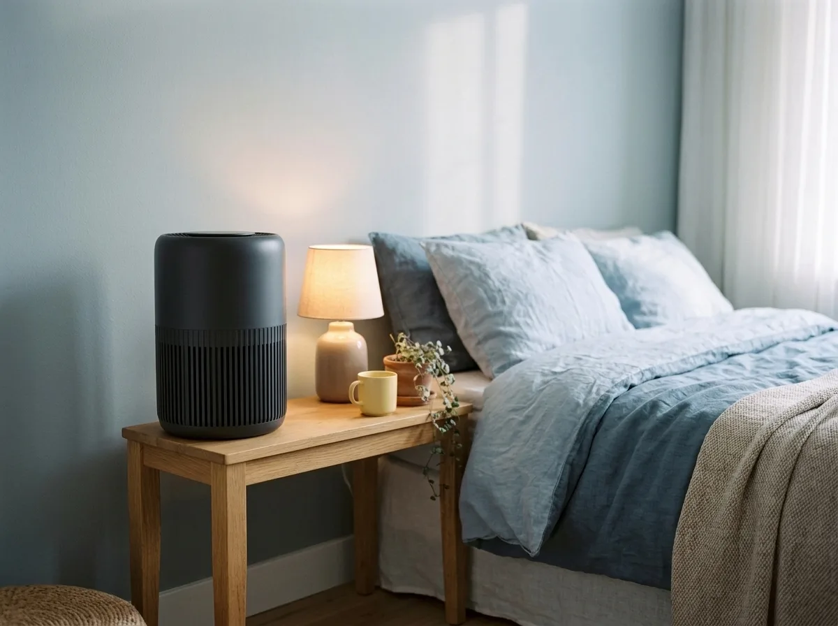Philips PureProtect Mini 900 op een nachtkastje in een slaapkamer