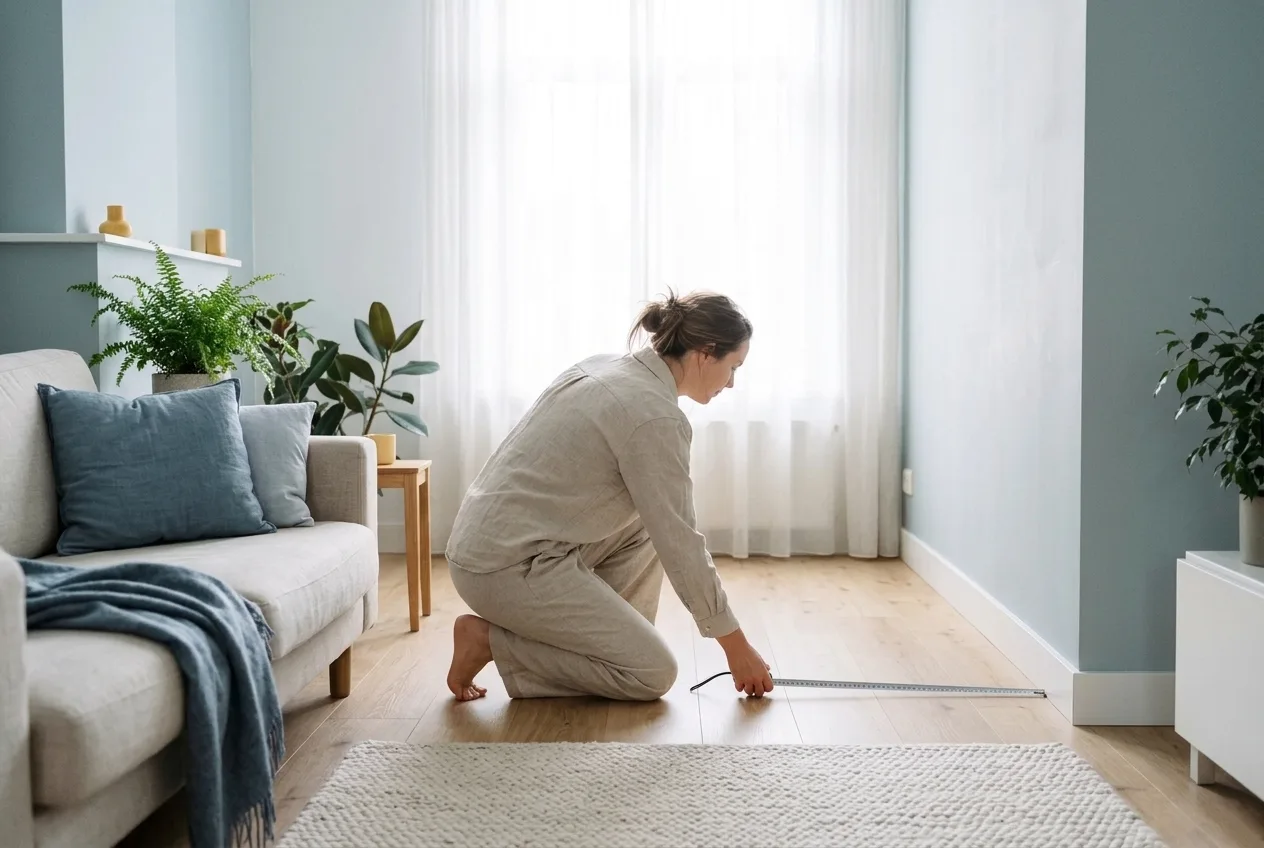Iemand meet met een rolmaat de lengte van een woonkamer op