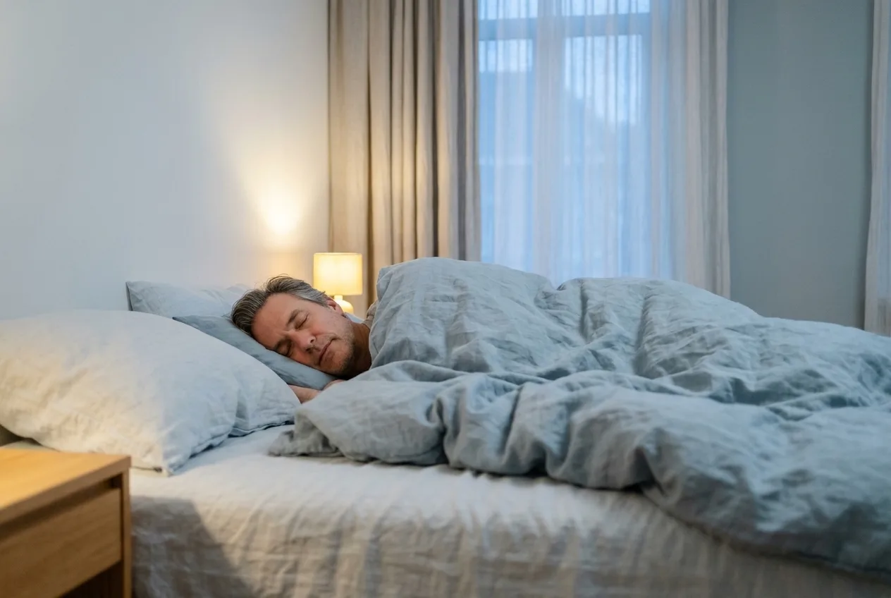 Man slaapt rustig in een schemerige slaapkamer met een warm lampje