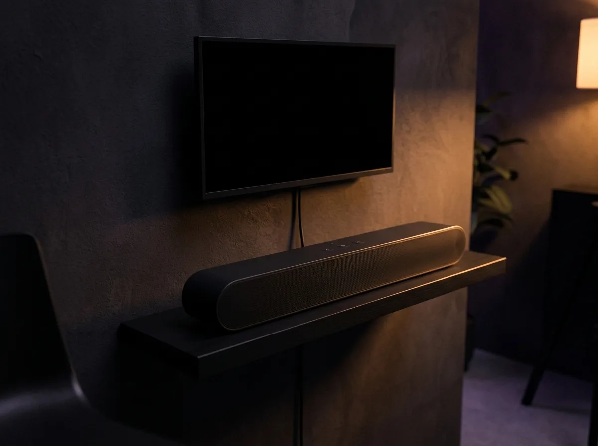 Compacte Sonos Ray soundbar op een smal meubel onder de tv