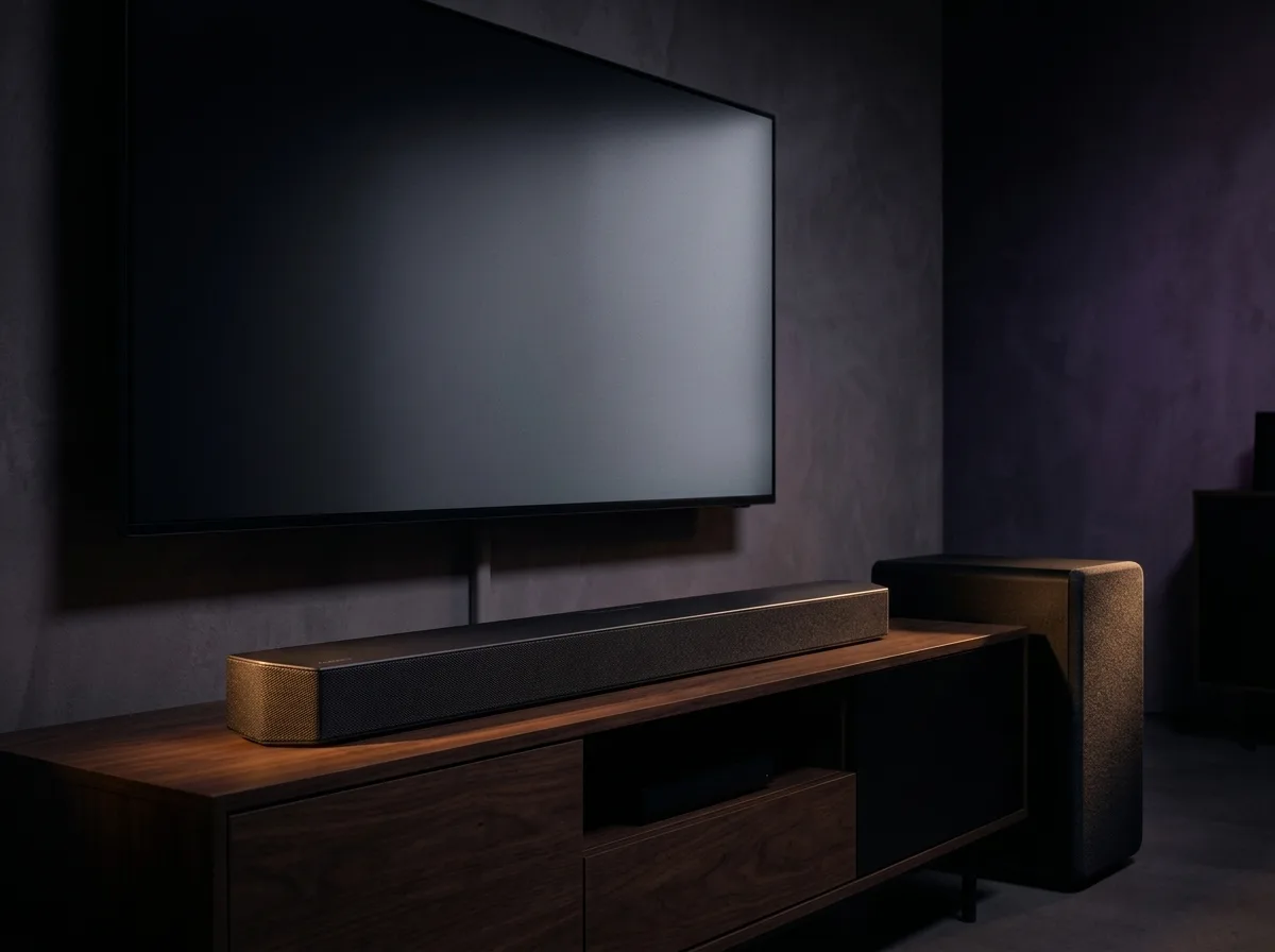 Samsung HW-B450F soundbar met subwoofer onder een tv