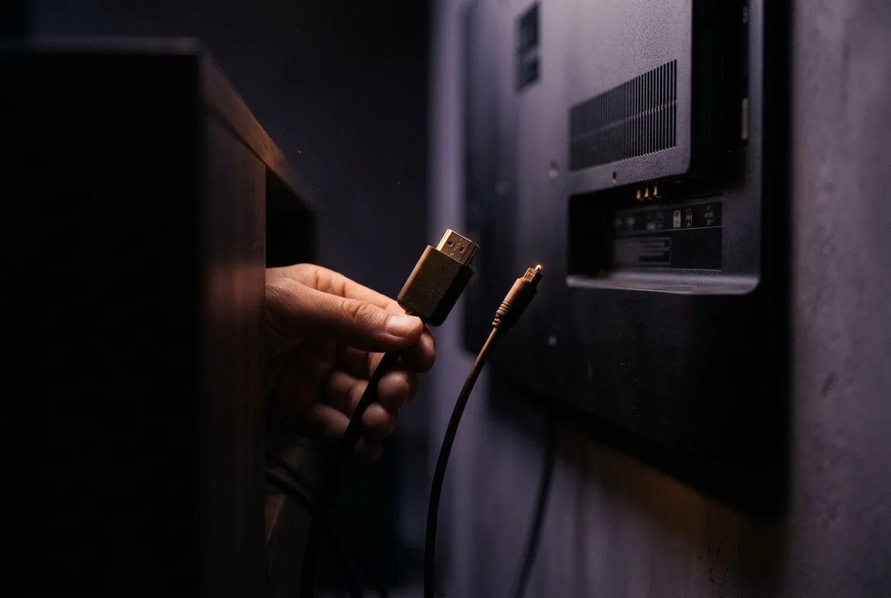 Een HDMI-kabel en een optische kabel klaar om aan te sluiten achter de tv