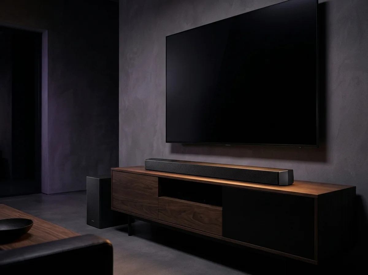 Denon DHT-S517 soundbar met subwoofer onder een tv